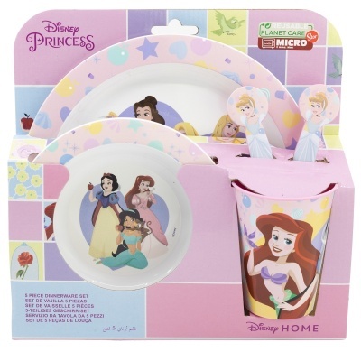 Conjunto de jantar Disney Princess com pratos, tigela e copo decorados com princesas da Disney