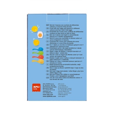 Embalagem azul com ilustração de colheres coloridas e ovos de tecido e texto descritivo em várias línguas