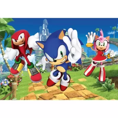 Personagens animados de videojogo numa paisagem verde com céu azul e árvores