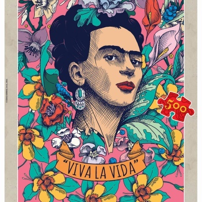 Caixa de puzzle com ilustração colorida de Frida Kahlo e flores