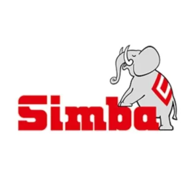 Logotipo com a palavra Simba em vermelho e elefante cinzento com detalhes vermelhos.
