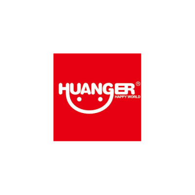 Logótipo HUANGER em fundo vermelho com texto HAPPY WORLD e rosto sorridente