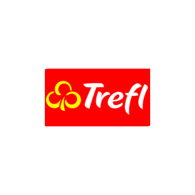 Logotipo Trefl sobre fundo vermelho com texto branco e símbolo amarelo