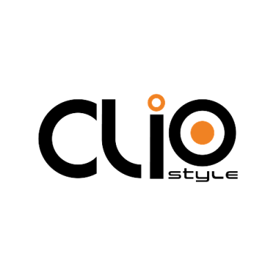 Logótipo com texto 'clio style' em preto e laranja.