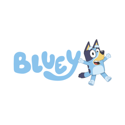 Logo do desenho animado Bluey com texto e personagem cão azul