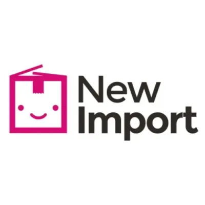 Logótipo caixa rosa sorridente com texto New Import