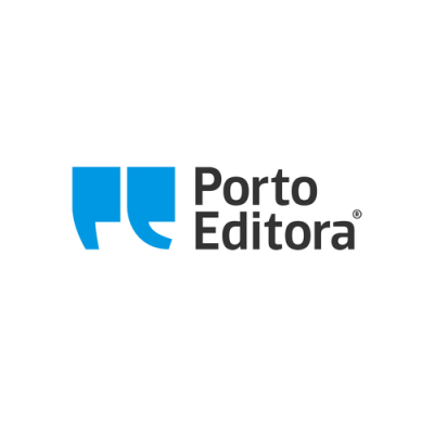 Logótipo Porto Editora com aspas azuis e texto preto