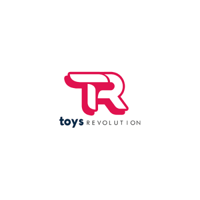 Logótipo da marca Toys Revolution com letras TR em vermelho e texto em azul e cinzento