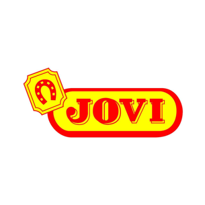 Logótipo com texto JOVI e ferradura amarela em fundo amarelo e vermelho