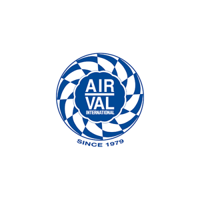 Logótipo azul e branco AIR VAL INTERNATIONAL com padrão em espiral e texto SINCE 1979