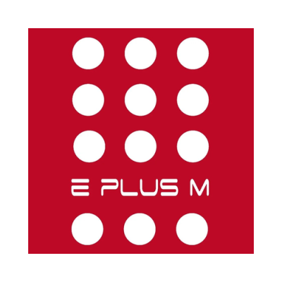 Fundo vermelho com doze círculos brancos e texto branco 'E PLUS M'