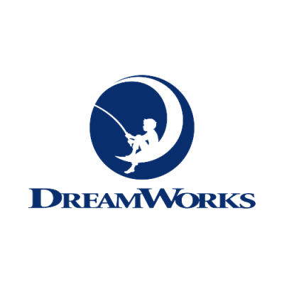 Logótipo azul da DreamWorks com criança a pescar na lua e texto DREAMWORKS