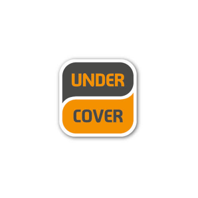 Logótipo quadrado dividido, texto UNDER COVER em cores laranja e cinzento
