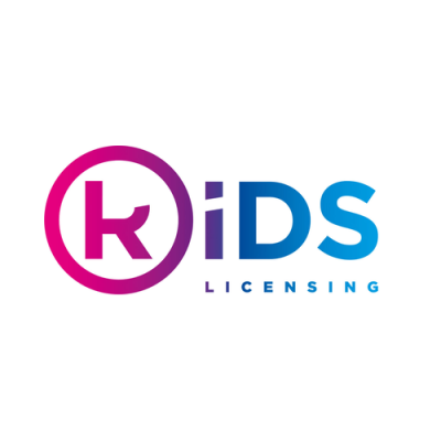 Logótipo kIDS LICENSING com 'k' dentro de círculo roxo-rosa e letras 'iDS' azuis