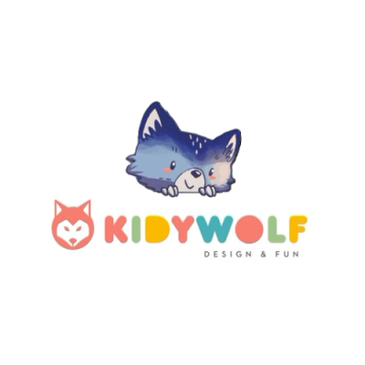 Logótipo KidyWolf com cabeça de lobo azul e texto colorido.