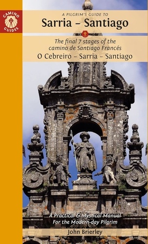 Capa de livro 'Sarria - Santiago' com escultura religiosa antiga sobre céu azul e moldura amarela
