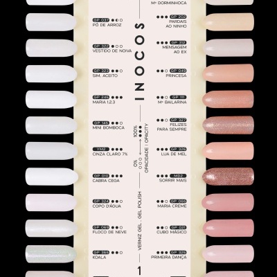 Cartão com 20 amostras de verniz gel para unhas INOCOS em várias cores e acabamentos.