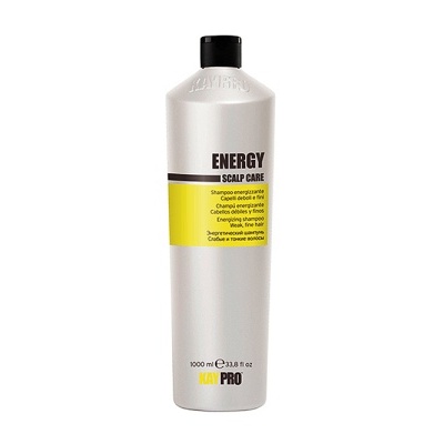 Frasco branco com tampa preta e rótulo amarelo de produto ENERGY SCALP CARE.
