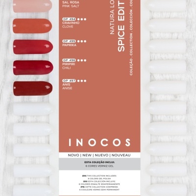 Amostras de verniz gel para unhas em 6 tons quentes, dispostas ao lado de um cartão da coleção SPICE EDITION da INOCOS