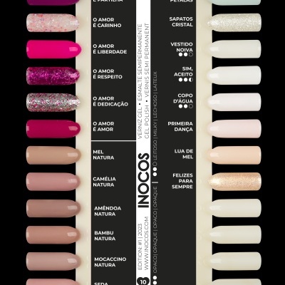Paleta de cores de vernizes para unhas com variedade de tons e nomes. 