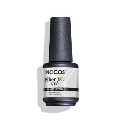 Frasco de verniz gel para unhas INOCOS FiberBASE gel branco leitoso com tampa preta