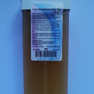 Embalagem de cera depilatória fria mel 100 ml com etiqueta informativa