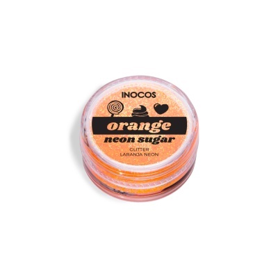 Pote pequeno de glitter laranja neon com tampa transparente e texto impresso.