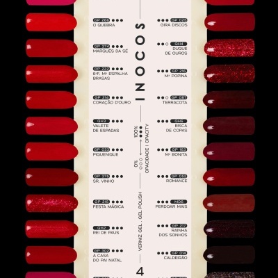 Amostra de vernizes de gel em várias cores de vermelho, rosa e castanho com nomes em cartela branca