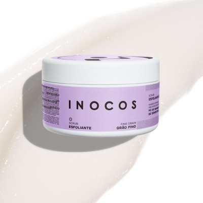 Esfoliante corporal INOCOS em embalagem branca com rótulo lilás