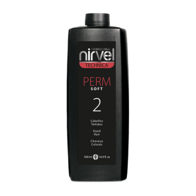 Frasco preto de produto para cabelo Nirvel Technica Perm Soft 2 500ml