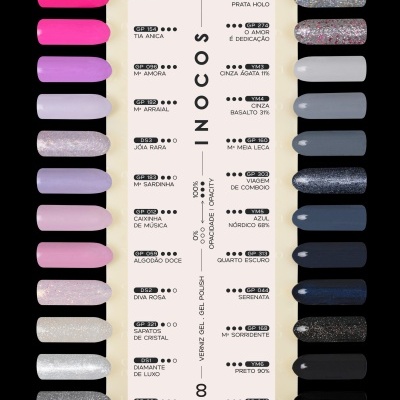 Amostras de verniz gel para unhas em várias cores e texturas, em cartão com nomes e códigos