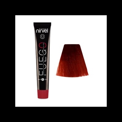 Tubo de tinta de cabelo Nirvel 5.45 com amostra de cor vermelha