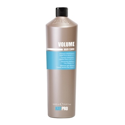 Frasco de produto para cabelo Volume Hair Care cinzento com tampa preta e rótulo azul