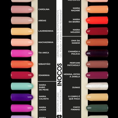 Amostras de vernizes de gel com nomes das cores e cartão central