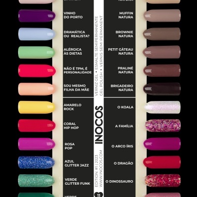 Paleta de amostras de vernizes de unhas Inocos com 22 cores variadas ao redor de um catálogo central com nomes das cores em português.