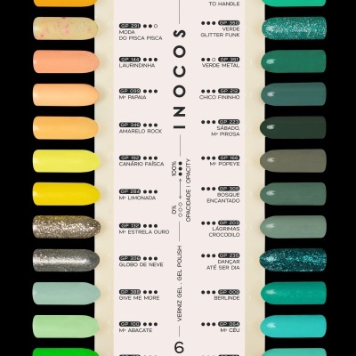 Paleta com 30 amostras de verniz gel para unhas em várias cores, algumas com glitter, e nomes das cores escritos numa moldura central branca.