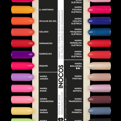 Amostras de vernizes coloridos com nomes das cores em etiqueta central preta.