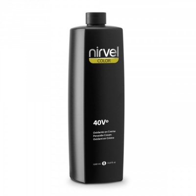 Frasco preto de oxidante em creme Nirvel Color 40V com texto branco e amarelo