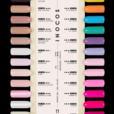 Cartela de amostras de verniz gel INOCOS com 24 cores variadas e acabamento brilhante