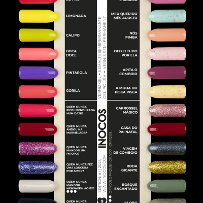 Paleta de vernizes em gel com 22 cores num suporte branco com nomes das cores impressos