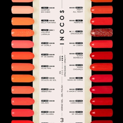Paleta de amostras de verniz gel laranja e vermelho com nomes e códigos