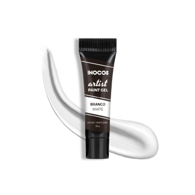 Tubo preto de gel de pintura artist INOCOS com textura branca de gel atrás