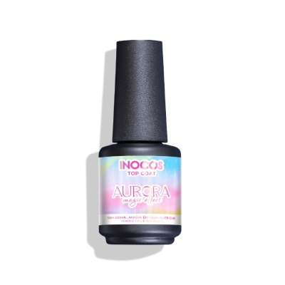 Esmalte de unhas INOCOS Top Coat Aurora Magic Tears em embalagem preta com rótulo colorido