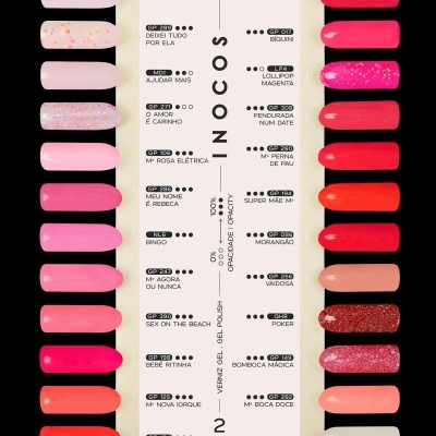 Cartela com 28 amostras de verniz gel em vários tons de rosa e vermelho com nomes e códigos.