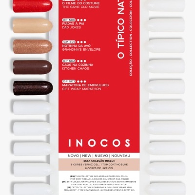 Amostras de verniz gel para unhas em vários tons com descrição da coleção em fundo vermelho