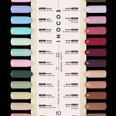 Cartela com 20 amostras de verniz de unhas em várias cores pastel e neutras, com nomes e descrições centrais.