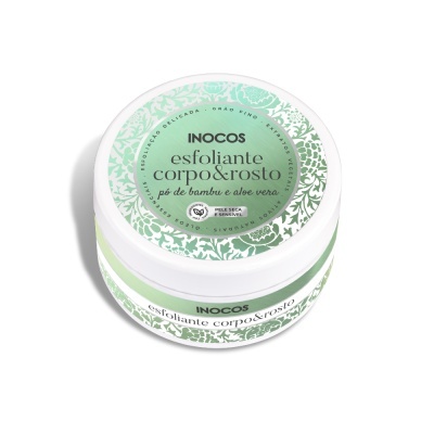Frasco branco de esfoliante corpo e rosto INOCOS com tampa decorada e texto verde