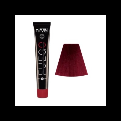 Tubo de tinta de cabelo Nirvel preto com amostra de cor vermelha escura