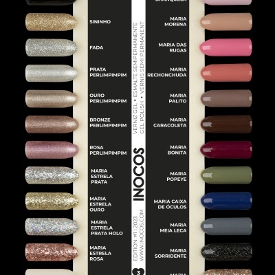 Mostruário de vernizes para unhas INOCOS com 18 cores diferentes e etiqueta central com nomes das cores