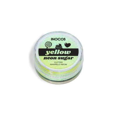 Pote plástico com glitter amarelo neon e etiquetas pretas